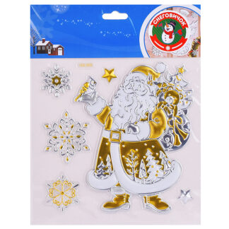 Наклейка новогодняя для декора "Дедушка мороз и снежинки" серебро/золото