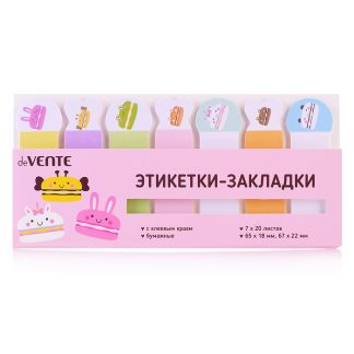 Набор самоклеящихся этикеток-закладок "Macaron animals" бумажные 65x18 мм, 7x20 листов, офсет 80 г/м², 7 дизайнов, в пластиковом пакете с европодвесом