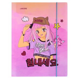 Папка с резинкой "Manga Girl" A4 (240x320 мм) 400 мкм, тиснение малиновой фольгой, вертикальная резинка, 3 клапана, индивидуальная упаковка