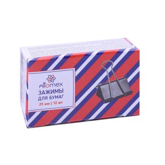 Зажим для бумаг "Attomex" металлический (25 мм) толщина скрепления до 10,5 мм, черный, 12 шт в картонной коробке