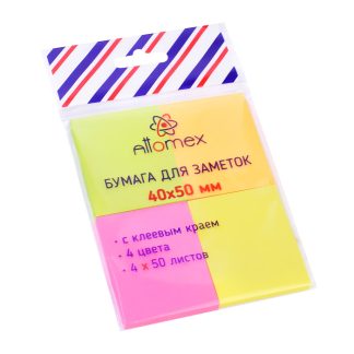 Клейкая бумага для заметок "Attomex" 40x50 мм, 50 листов, офсет 75 г/м², 4 неоновых цвета, в пластиковом пакете с европодвесом