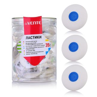 Ластик "Core" синтетический каучук, круглый белый, 37x37x10 мм, dust-free, с пластиковым держателем, в индивидуальной упаковке с штрих кодом, в пластиковой банке