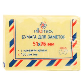 Клейкая бумага для заметок "Attomex" 51x76 мм, 100 листов, офсет 75 г/м², желтая