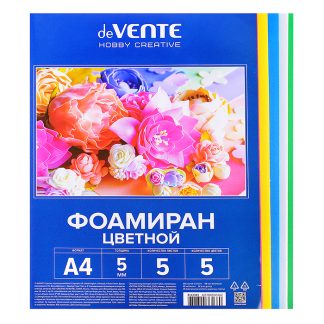 Фоамиран цветной A4 5 цв, 5 л, толщина 5 мм, пластиковый пакет с европодвесом