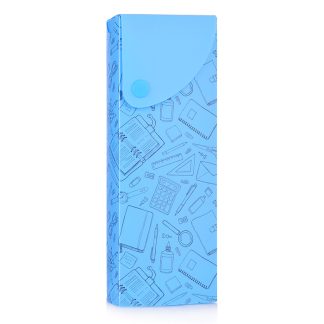 Пенал "School" 20x7,4x2,7 см, прямоугольный, выдвижной, на кнопке, пластик 600 мкм, фактура "песок" голубой с дизайном, в пластиковом пакете