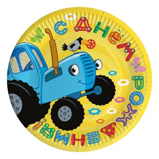 Тарелки (7''/18 см) Синий трактор, С Днем Рождения!, Желтый, 6 шт.