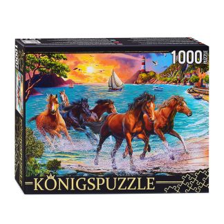 Пазлы 1000 Konigspuzzle "Лошади у моря на закате"