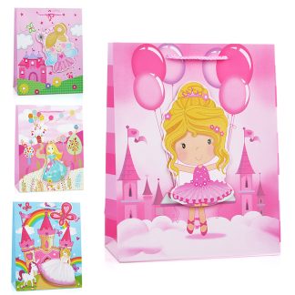 Пакет подарочный бумажный "Princess" вертикальный, размер 18x23x8 см, с блестками и объемными деталями, бумага 210 г/м², ассорти 4 дизайна