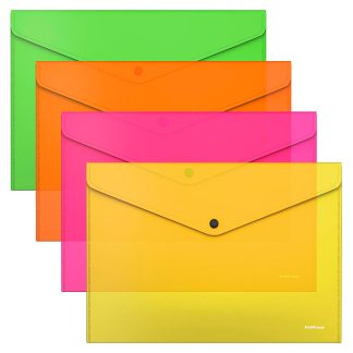 ТОП Папка-конверт на кнопке пластиковая Fizzy Neon, A4, полупрозрачный, ассорти