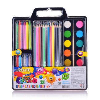 Набор для рисования подарочный "Cosmo" в наборе 39 пр: краски акварельные 12 цв, кисть, пластиковая крышка-палитра, карандаши цветные 12 цв, мелки восковые 12 цв, точилка, в пластиковой коробке с подвесом