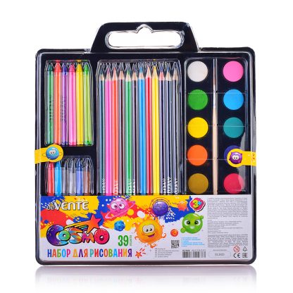 Набор для рисования подарочный "Cosmo" в наборе 39 пр: краски акварельные 12 цв, кисть, пластиковая крышка-палитра, карандаши цветные 12 цв, мелки восковые 12 цв, точилка, в пластиковой коробке с подвесом
