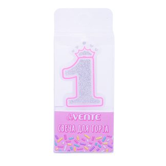 Свеча-цифра для торта "Розовая принцесса" 1, размер свечки 5,8x3,8x0,8 см с серебряным рисунком, в пластиковой коробке с подвесом