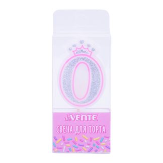 Свеча-цифра для торта "Розовая принцесса" 0, размер свечки 5,8x3,8x0,8 см с серебряным рисунком, в пластиковой коробке с подвесом