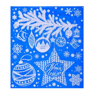 Новогоднее оконное украшение "Веточка с игрушками" из ПВХ пленки, декорировано глиттером (крепится к гладкой поверхности стекла посредством статического эффекта) с раскраской на картонной подложке 15,5x17,5см