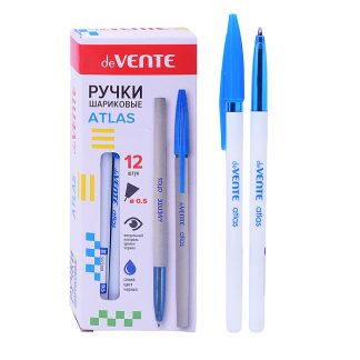 Ручка шариковая "Atlas" d=0,5 мм, белый корпус с полупрозрачным держателем, разборный корпус, сменный стержень, индивидуальная маркировка, синяя