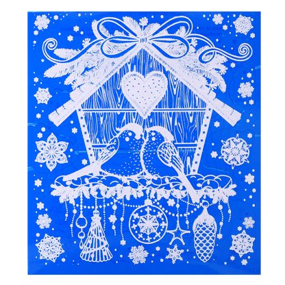 Новогоднее оконное украшение "Птички" из ПВХ пленки, декорировано глиттером с раскраской на картонной подложке