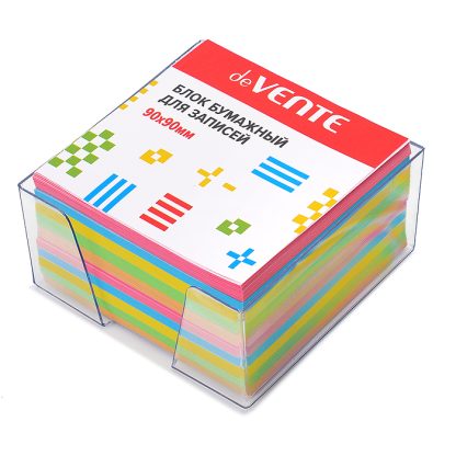Куб бумажный для записей 90x90x50 мм цветной, непроклеенный, офсет 80 г/м², 5 пастельных цветов, 10 слоев, в прозрачной пластиковой подставке
