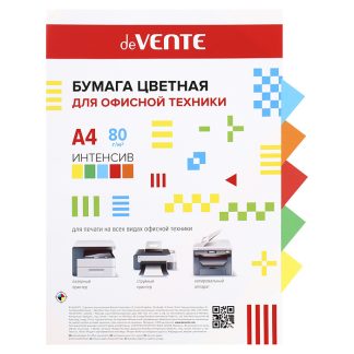 Бумага цветная для офисной техники A4 100 л, 80 г/м², интенсивные цвета, ассорти (5 цветов) в пластиковом пакете