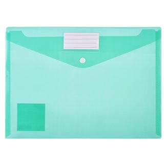 Папка-конверт на кнопке с карманом для визитки A4 (330x235 мм) 180 мкм, наварной карман для визитки на клапане, полупрозрачная зеленая, индивидуальная маркировка