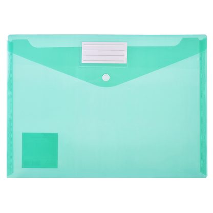 Папка-конверт на кнопке с карманом для визитки A4 (330x235 мм) 180 мкм, наварной карман для визитки на клапане, полупрозрачная зеленая, индивидуальная маркировка