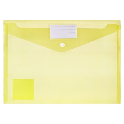 Папка-конверт на кнопке с карманом для визитки A4 (330x235 мм) 180 мкм, наварной карман для визитки на клапане, полупрозрачная желтая, индивидуальная маркировка