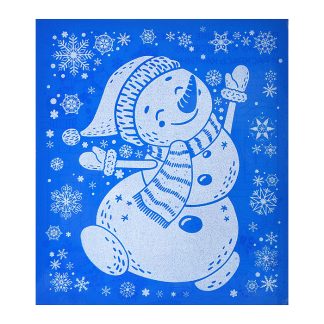 Новогоднее оконное украшение из ПВХ пленки "Снеговик" декорировано глиттером (крепится к гладкой поверхности стекла посредством статического эффекта) с раскраской на картонной подложке 15,5x17,5см